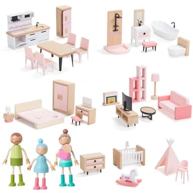 Giant bean 36pcs Wooden Dollhouse Furniture Set with Dolls for 5 Rooms, Wood & Plastic Pink Dollhouse Accessories Pretend Play Furniture Toy Christmas Birthday Gift Toy for Kids Boys Girls Toddler 3+ - Image 1