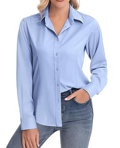 siliteelon Womens Classic-Fit Dress Shirts Long Sleeve Button Down Wrinkle-Free Solid Casual Work Office Blouse Top Blue X-Small - Image 3