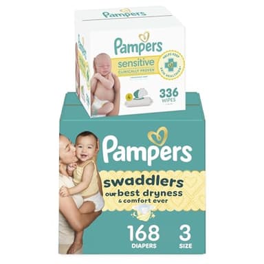 Diapers Size 3, 168 Count and Baby Wipes - Pampers Swaddlers Disposable Baby Diapers and Water Baby Wipes Sensitive Pop-Top Packs, 336 Count (Packaging May Vary) - Image 1