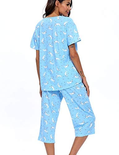 ENJOYNIGHT Womens Pajama Sets Cotton Pj Set Short Sleeve Top With Capri Pants Sleepwear 2 Piece Lounge Set(X-Large,Moon) - Image 6