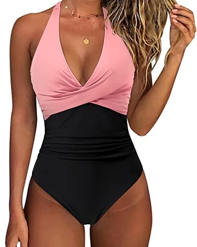 SUUKSESS Women Sexy Tummy Control One Piece Swimsuits Halter Push Up Monokini Bathing Suits (Pink Black, L) - Image 1