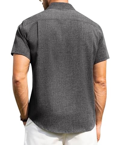 Alimens & Gentle Mens Linen Shirts Short Sleeve Button Down Shirts Wrinkle Free Casual Vacation Beach Summer Tops,Black Grey,6XL - Image 4