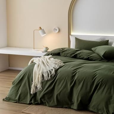 JIYUAN 100% Washed Cotton Duvet Cover Set 3 Pieces Queen, 1 Duvet Cover 90x90 Inches(Comforter Not Included) and 2 Pillowcases,Linen Feel Bedding Set Comfy and Breathable,Olive Green - Image 6