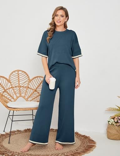 Faleave Womens Knit 2 Piece Sweater Sets Short Sleeve Pullover Tops Elastic Waist Wide Leg Pants Lounge Set(Navy-L) - Image 5