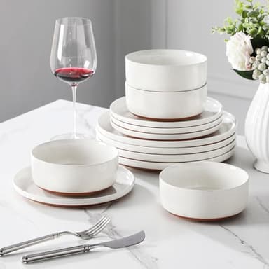 MALACASA Plates and Bowls Sets, 12 Pieces Modern Stoneware Dinnerware Set for 4 Kitchen Dinner Set Ceramic Dishware Dishes Set Microwave and Dishwasher Safe, White, Series TARA - Image 7