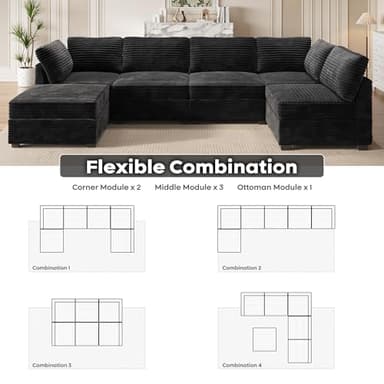 ovios Modular Sectional Sofa Couch with Sofa Bed L-Shape Chaise, Comfy Plush Corduroy Cloud Couches, Modern Deep Seat Sofas Set for Living Room, 6-Seater, Black - Image 8