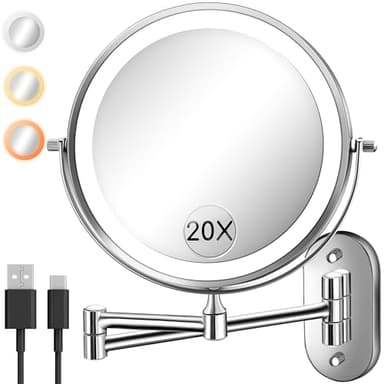 Wall Mounted Makeup Mirror with Light, 20X/1X 8'' Double Sided LED Magnifying Bathroom Lighted Vanity Mirror with Magnification, 3 Color Light up Touch Dimmable Extended Arm 360 Rotation - Image 1