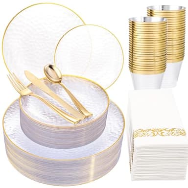 Rubtlamp 175 Pcs Plastic Dinnerware Set (25 Guests), Clear And Gold Plastic Plates, Hammered Party Plates Include Dinner Platos, Dessert Platos, Cups, Gold Cutlery Set And Napkins for Party - Image 1