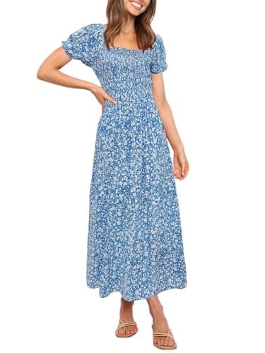ZESICA Women's 2025 Summer Boho Floral Print Square Neck Ruffle Swing Beach Long Maxi Dress,Blue2,Large - Image 2