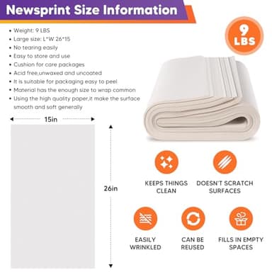 Packing Paper Sheets for Moving Essentials, 26" x 15" Newsprint Paper for Small Medium Large Moving Boxes, 350 Sheets Wrapping Paper for Packaging, Shipping Supplies, Dishes Glasses Box Filler 9 lbs - Image 2