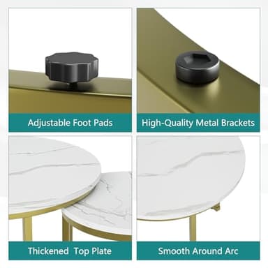 Smuxee White Nesting Coffee Table Set of 2, 23.6“ Round Coffee Table Wooden Marble Pattern with Adjustable Non-Slip Feet, Industrial End Table for Living Room Bedroom Balcony Gold - Image 4