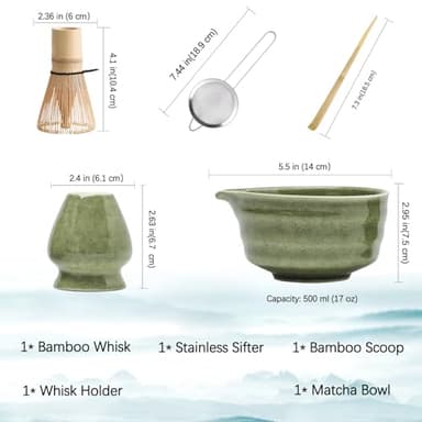 Buucup Matcha Set, Matcha Bowl with Spout, Matcha Whisk and Holder, Bamboo matcha Scoop and Stainless Sifter - 5 Pcs Jade Green Matcha Set Kit for Matcha Lover - Image 7