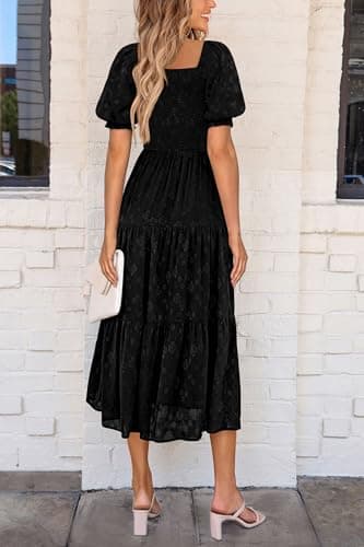 PRETTYGARDEN Women's 2025 Summer Casual Midi Dresses Square Neck Short Sleeve Smocked A Line Floral Flowy Elegant Boho Dress (Black,X-Large) - Image 2