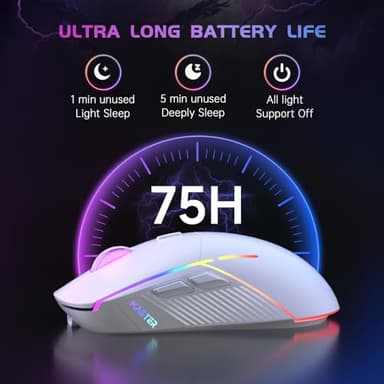 FFJ Wireless Gaming Mouse, 24000 DPI, Tri-Mode 2.4G/USB-C/Bluetooth 5.3 Gaming Mouse Wireless, RGB Programmable Mouse Gamer, 75Hrs Battery Life, Rechargeable Gaming Mice for PC, Mac, PS5, Xbox - White - Image 5