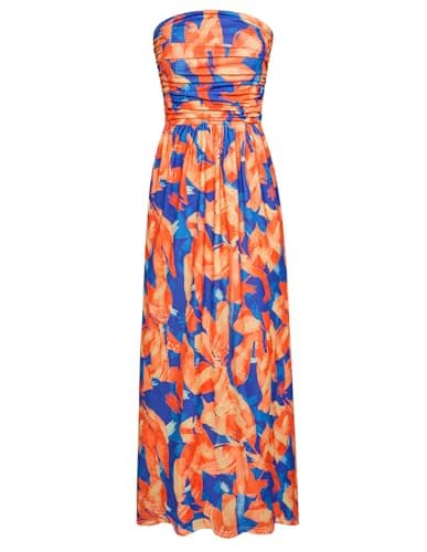Women's 2024 Summer Bohemian Floral Printed Strapless Beach Party Long Maxi Dress Blue Orange - Image 1