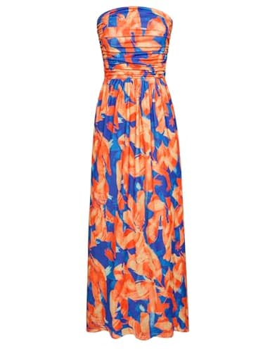 Women's 2024 Summer Bohemian Floral Printed Strapless Beach Party Long Maxi Dress Blue Orange - Image 1