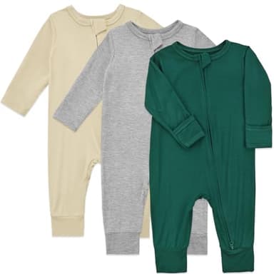 Aablexema Baby Footless Pajamas Bamboo Rayon 3pcs Unisex Infant Zipper Romper with Mitten Cuffs(Beige&Light Grey&Green,18-24m) - Image 1
