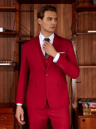 WULFUL Men’s Slim Fit Suit One Button 3-Piece Blazer Dress Business Wedding Party Jacket Vest & Pant Wine Red - Image 9