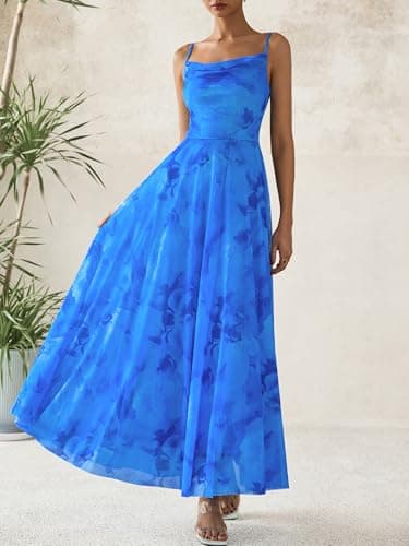 BTFBM Women Summer Floral Maxi Dresses Elegant Spaghetti Strap Dress Printed Party Dress Beach Long Dresses(Floral Blue,Small) - Image 4