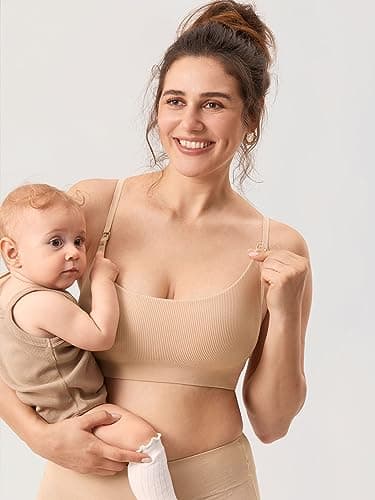 MOMANDA Ribbed Nursing Bras for Breastfeeding Support Maternity Sports Bra Wireless Seamless Sleep Bralettes Beige Medium - Image 4
