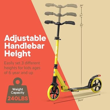 Campior Kick Scooter for Ages 6+, for Kids, Teens, and Adults, Max Load 240 LBS, Foldable, 8-inch Big Wheels for Kids and Adults, with Kickstand, 3 Adjustable Levels, Child Safety Approved, Yellow - Image 4