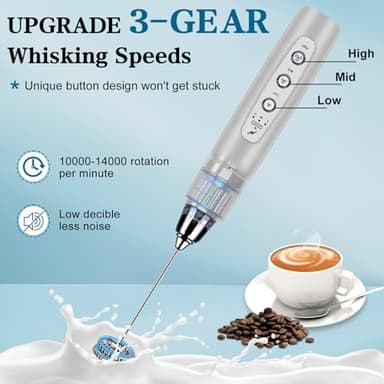 BSRGMS Milk Frother Handheld for Coffee, Electric Whisk 3 Speed Adjustable, Drink Mixer with Stainless 3 Whisks, Rechargeable Hand Frother Wand, Foam Maker for Latte Cappuccino Matcha Egg Silver - Image 3