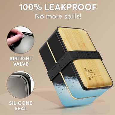 Umami Bento Box Adult All-In-1 w/4 Utensils, Big Sauce Jar, 2 Dividers, 100% Leakproof, Microwave & Dishwasher Safe, Stackable Bento Lunch Box Containers for Men/Women, Black & Bamboo, 40 oz - Image 4