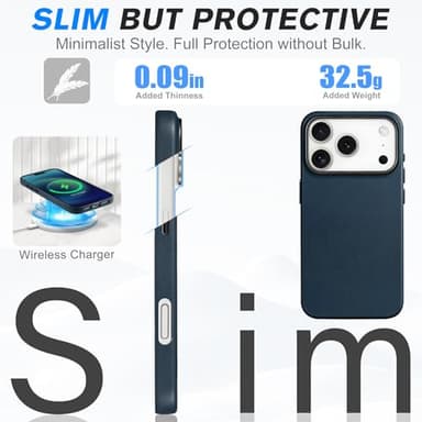 SHIELDON Genuine Leather Case for iPhone 17 Pro 6.3 Inch 2025, Compatible with Magsafe, Magnetic Wireless Charging, Slim Fit, Non-Slip, Anti-Scratch, Shockproof, Metal Button, Camera Bezel - Navy Blue - Image 6