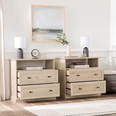 Walker Edison Clyde Classic Rustic 2-Drawer Open-Cubby Nighstands End Side Tables Living Room Bedroom Storage, Set of 2, White Oak - Image 5