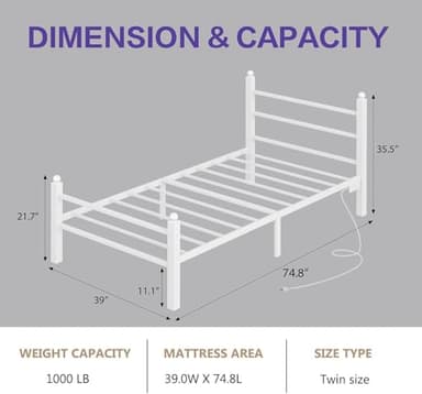 CollaredEagle Twin Bed Frame with Headboard and Footboard, Metal Bed Frame with Charging Station and LED Lights, Under Bed Storage, No Box Spring Needed,Noise Free,White - Image 2
