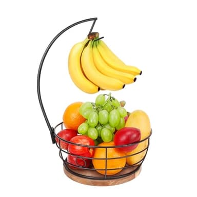 Livabber Countertop Fruit Basket Bowl with Banana Hanger, Modern Standing Fruit Vegetable Bowl Storage, with Banana Tree Holder for Kitchen Dinning Table (Round Wood, Black) - Image 1