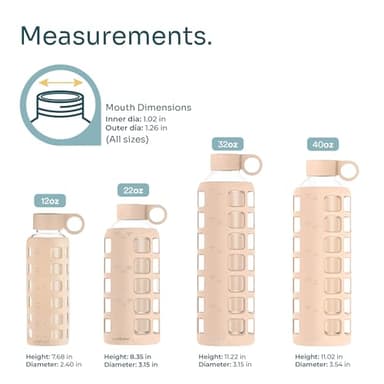 purifyou 40oz / 32oz / 22oz / 12oz Borosilicate Glass Water Bottle with Time & Volume Markers, Silicone Sleeve, Stainless Steel Lid | Reusable Glass Bottle for Water & Juice (22oz Hazelnut) - Image 3