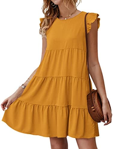 KIRUNDO Women's Casual Dresses 2025 Summer Sleeveless Ruffle Sleeve Round Neck Loose Short Flowy Tiered Pleated Mini Dress (Dark Yellow, X-Large) - Image 1