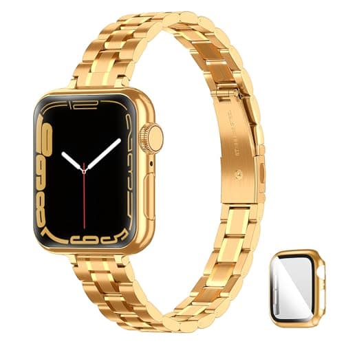 CSJCUBIC Metal band Compatible with Apple Watch Band 46mm 45mm 44mm 42mm 41mm 40mm 38mm for women, Slim and Thin Stainless Steel Replacement Adjustable Wristband for iWatch Series 10/9/8/7/6/5/4/3/2/1/SE - Image 1