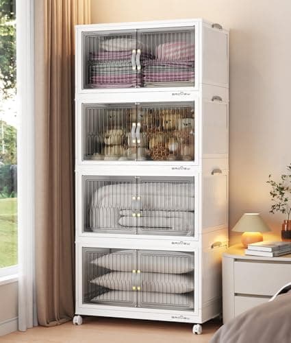 BROVIEW 320Qt Stackable Storage Bins with Lid, Closet Organizer and Storage Drawer, Collapsible Storage Box with Wheels, Plastic Clothes Storage Cabinet Containers for Home Organization, 4Pack White - Image 1