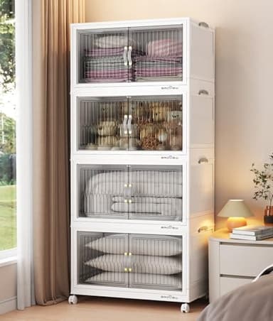 BROVIEW 320Qt Stackable Storage Bins with Lid, Closet Organizer and Storage Drawer, Collapsible Storage Box with Wheels, Plastic Clothes Storage Cabinet Containers for Home Organization, 4Pack White - Image 1