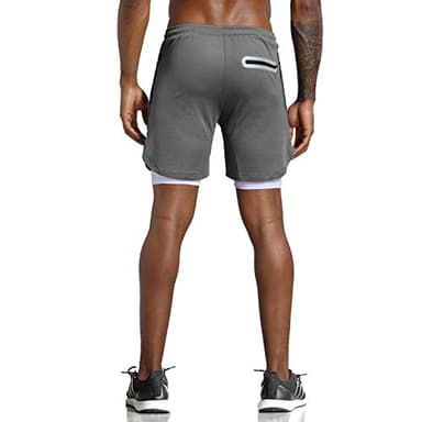 Leidowei Men's 2 in 1 Running Sports Shorts Quick Drying Breathable Short with Built-in Pocket Compression Dark Grey L - Image 3