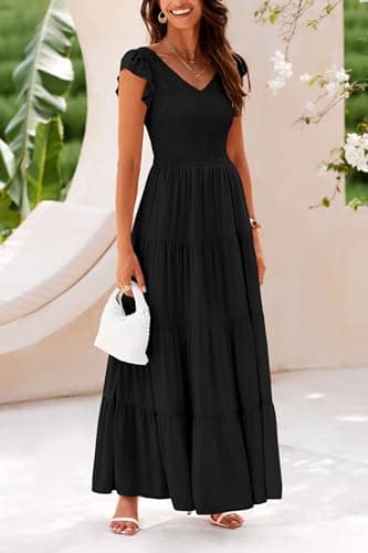 PRETTYGARDEN Women's Summer Flowy Maxi Dress Casual Cap Sleeve V Neck Smocked Beach Sundress (Solid Black,Small) - Image 8