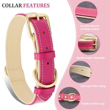 HSIGIO Leather Dog Collar for Small Medium and Large Dogs, Soft Padded Dog Leather Collar with Gold Buckle, Adjustable Genuine Leather Collars for Small Dogs(Hotpink, S) - Image 4