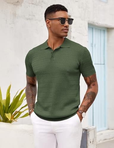 COOFANDY Mens Polo Shirts Short Sleeve Knit Button Down Shirt Stretch Lightweight Resort Wear Army Green - Image 3