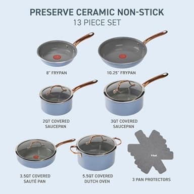 T-Fal Preserve Ceramic, Non stick Cookware Set 13-Piece, Oven & Broiler Safe up to 350°F, Includes Stockpot, Saucepans, Frying Pans, Protectors, Pots and Pans, Blue - Image 2