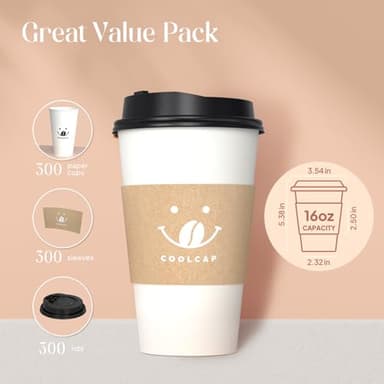 Coffee Cups with Lids and Sleeves, 16 oz 300 Pack To Go Cups with Lids, Paper Hot Cups for Hot & Cold Beverage (White, 16 oz) - Image 3
