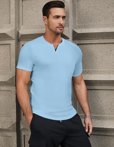 JMIERR Men's Muscle Shirt V Neck Slim Longline Short Sleeve Basic Shirt Gym Workout Athletic Tees Shirts for Sports, US 46(XL), Sky Blue - Image 3