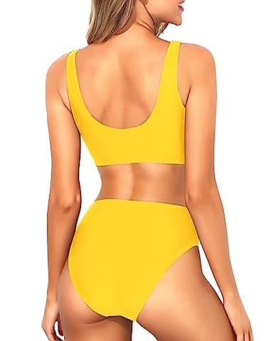 Tempt Me Women Neon Yellow Two Piece Scoop Neck Bikini Crop Top Swimsuit Sporty High Waisted Bathing Suit S - Image 2