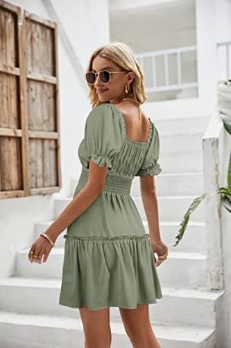 Heysolo Womens Square Neck Mini Dress Casual Short Sleeve Empire Waist Smocked Summer Babydoll Dresses Light Green - Image 7