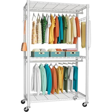 FUTASSI P1 Heavy Duty Garment Rack, 3 Tiers Adjustable Rolling Metal Closet Organizer with Lockable Wheels, FreeStanding Wardrobe with Double Hanger Rods & 1 Pair Hooks, Max Load 450 LBS, White - Image 1