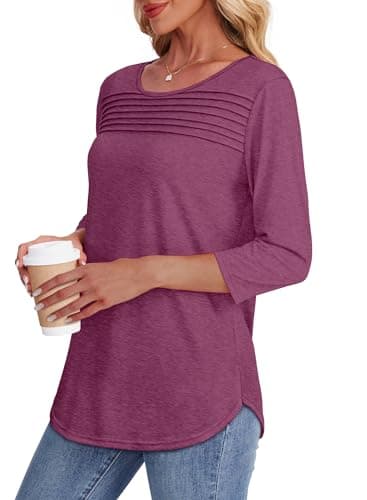 Womens Tops Dressy Casual Trendy Summer Blouses 3/4 Length Sleeves Pleated Front Loose Fit Tshirts Shirts Plus Size Womens Clothing Dusty Red 3XL - Image 4
