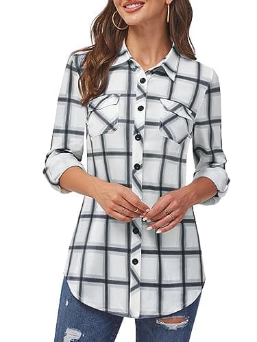 DJT Womens Soft Stretchy Knit Button Down Shirts for Women Roll Up Long Sleeve Going Out Tops Plaid Shirt Blouses Medium White Plaid - Image 1