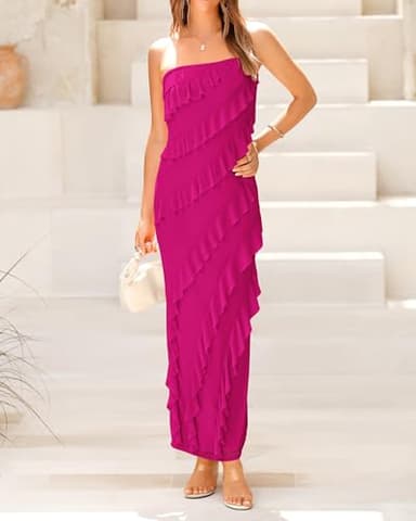 BTFBM Women Summer Elegant Strapless Midi Ruched Bodycon Dress Solid Color Stretch Mesh Slim Party Cocktail Dresses - Image 4