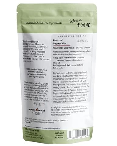 Spice Hut - Organic Herbes De Provence Seasoning Mix with Lavender, Salt Free, Authentic Provencal Blend- French Herbs de Provence Spice for Cooking Roasted Chicken, Vegetables, Soup / All-Natural, Kosher, Vegan, Gluten Free, Keto -No MSG- 1oz Pack - Image 2